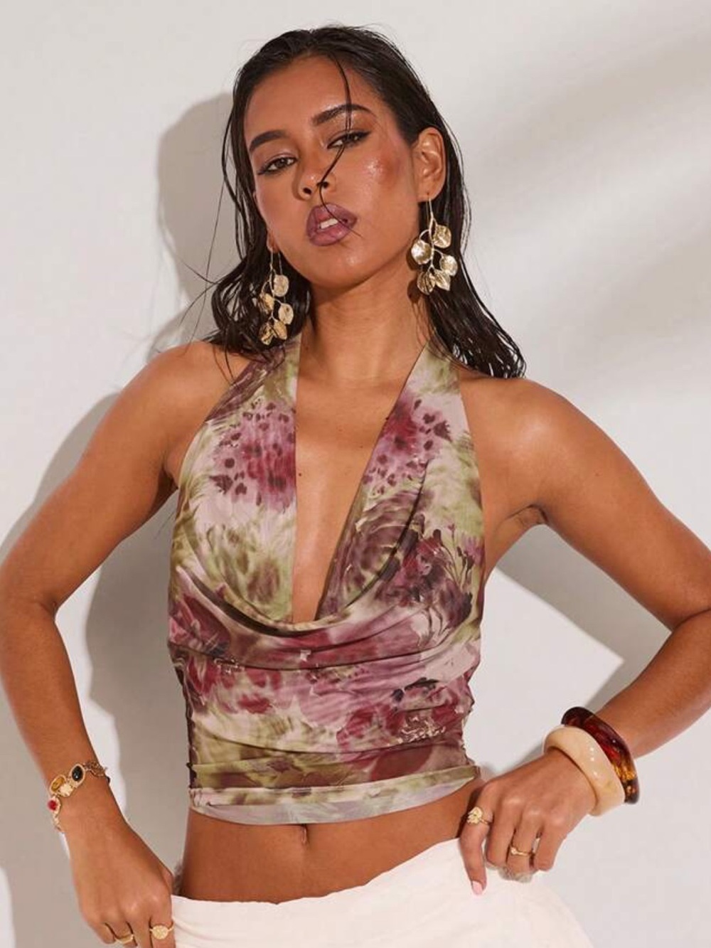 SHEIN NWT Green Floral Draped Halter Top Mesh Cowl Neck Size S